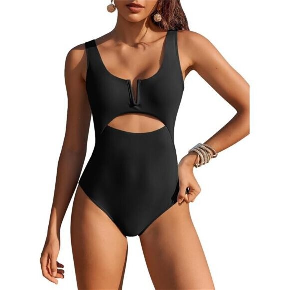 Women's One Piece Swimsuit Tummy Control Cutout High Waist V Neck Monokini